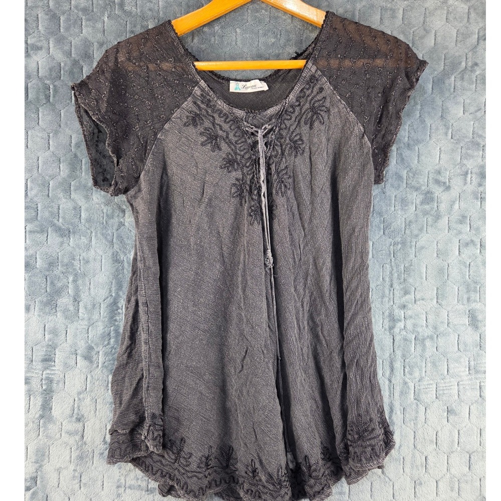 Lapogee Charcoal Gray Embroidered Boho Lace Up Rayon Top Crochet Lace Detail L